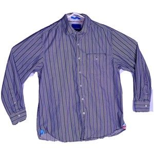 Tommy Bahama Mens L Cotton Blue/White/Black Striped Shirt Button Long Sleeve